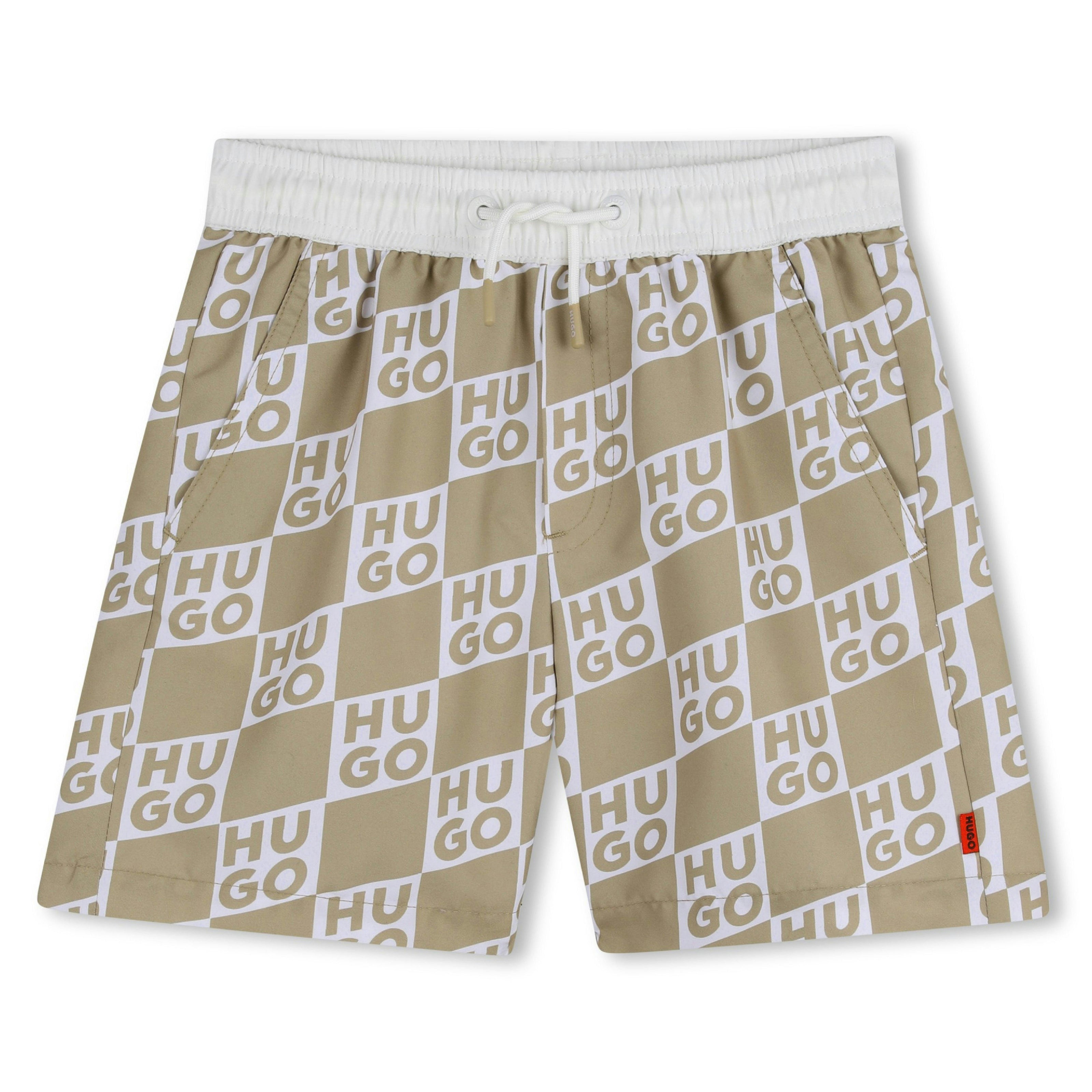 Beige Swim Shorts with All-Over Logo Print
