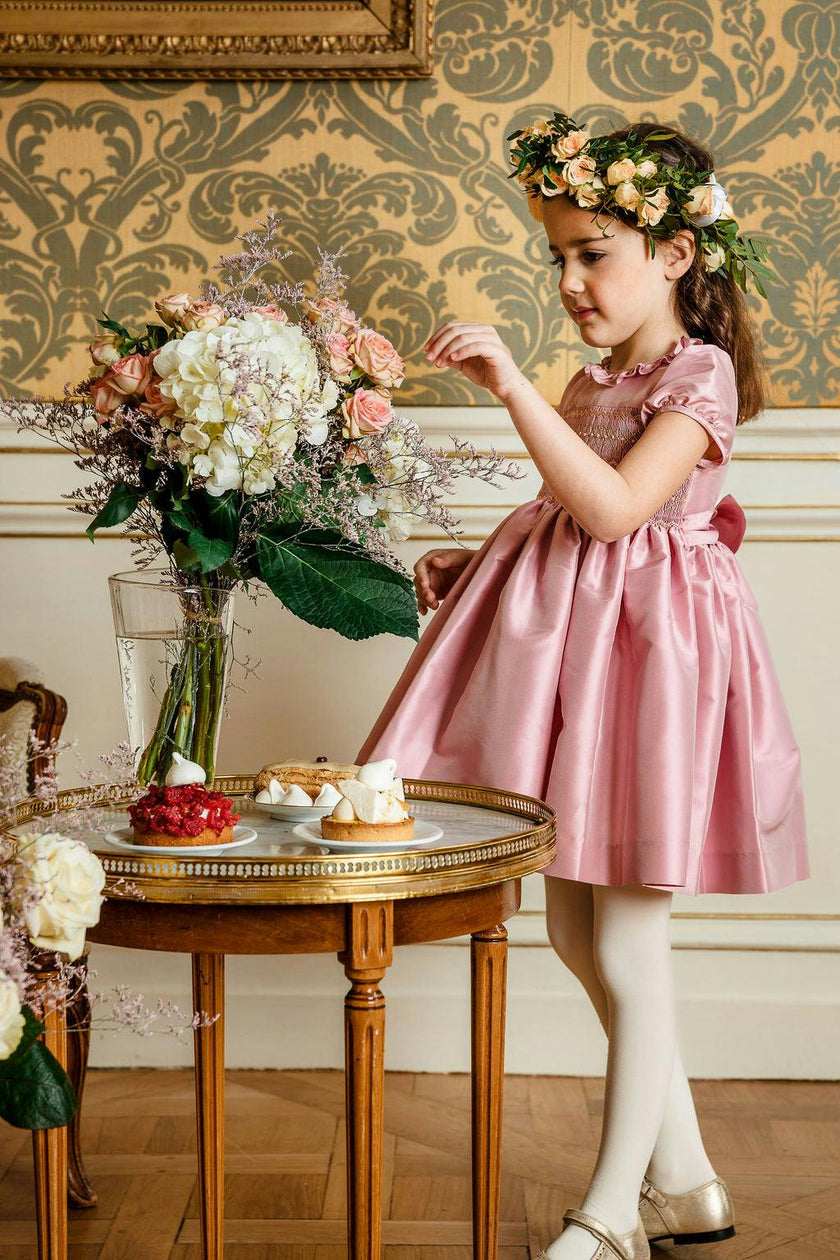 Astrid Pink Silk Smocked Girl Dress