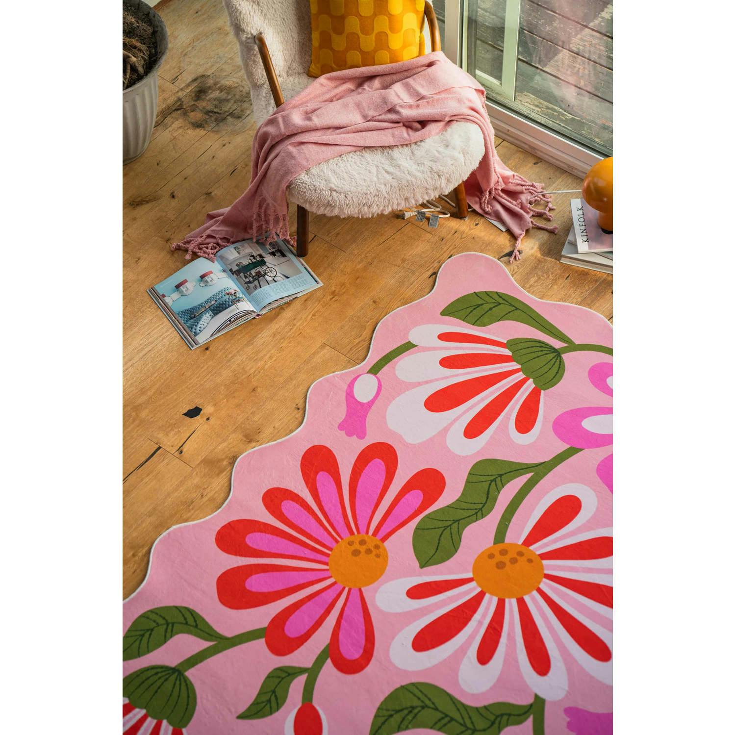 Pink Base Pink Floral Wavy Rug by Jessica Miller