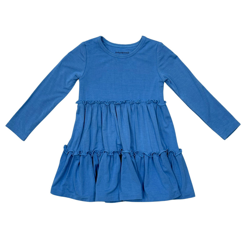 Girls Long Sleeve Double Tiered Dress in Stonewash