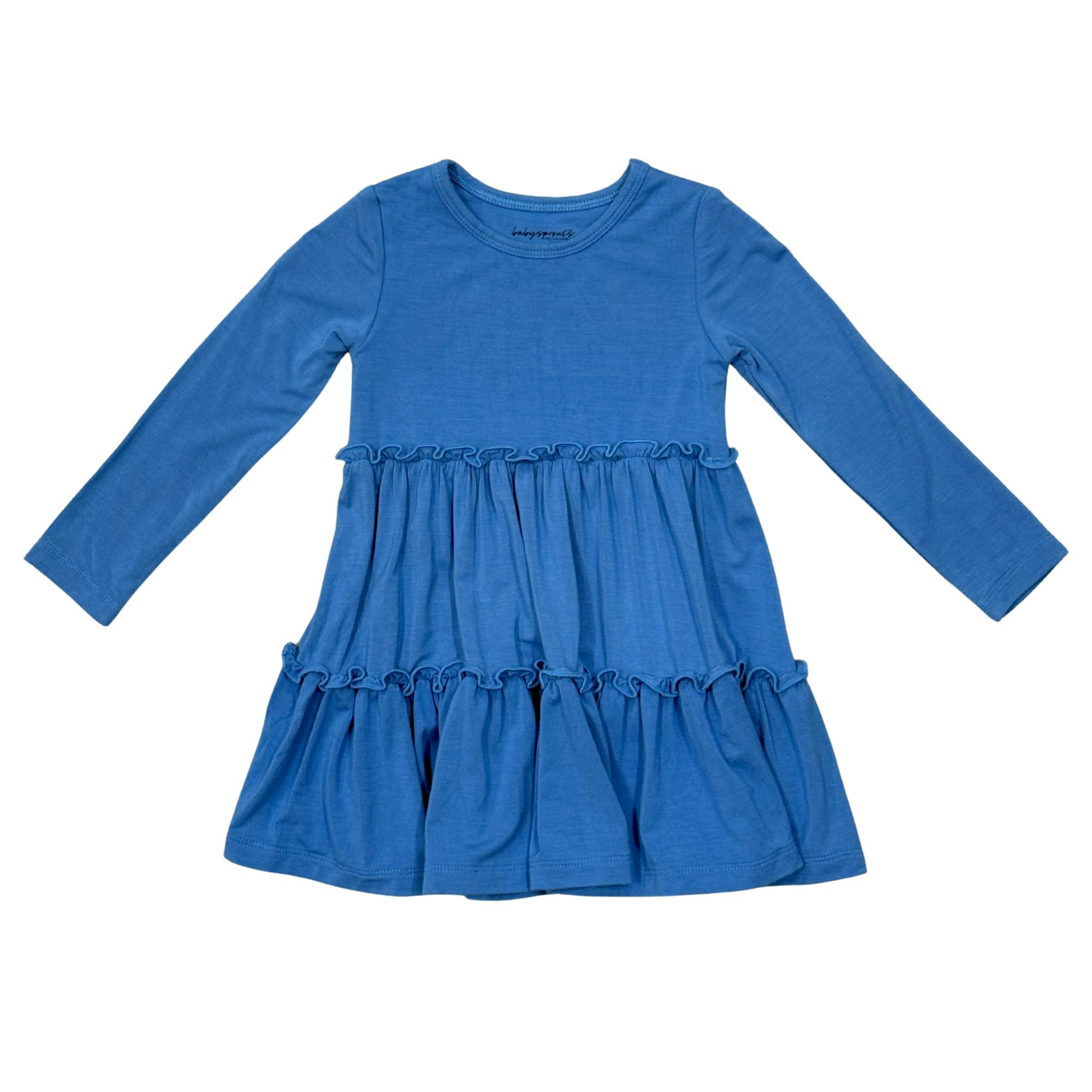 Girls Long Sleeve Double Tiered Dress in Stonewash