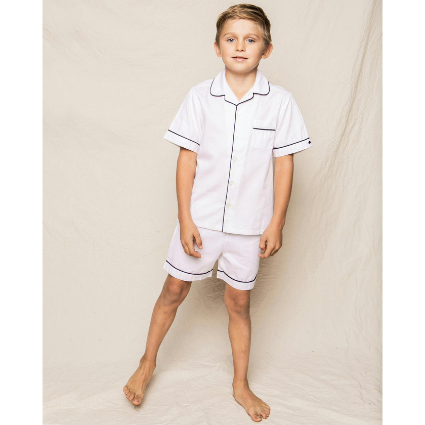 Kid's Twill Pajama Short Set in White with Navy Piping