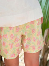 Shirley Swim Trunk in Yellow with Pink Bougainvillea