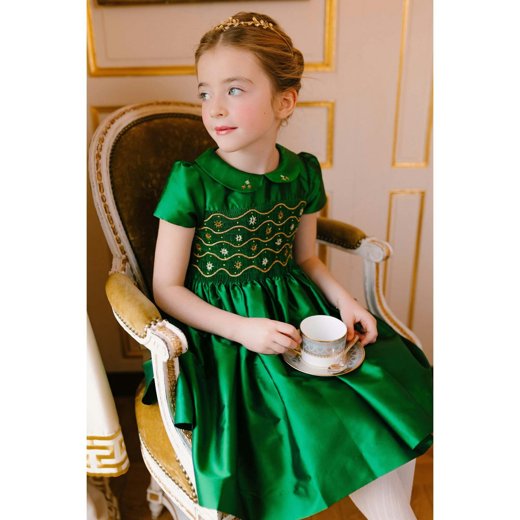 Stella Green Silk Short Sleeve Smocked Dress