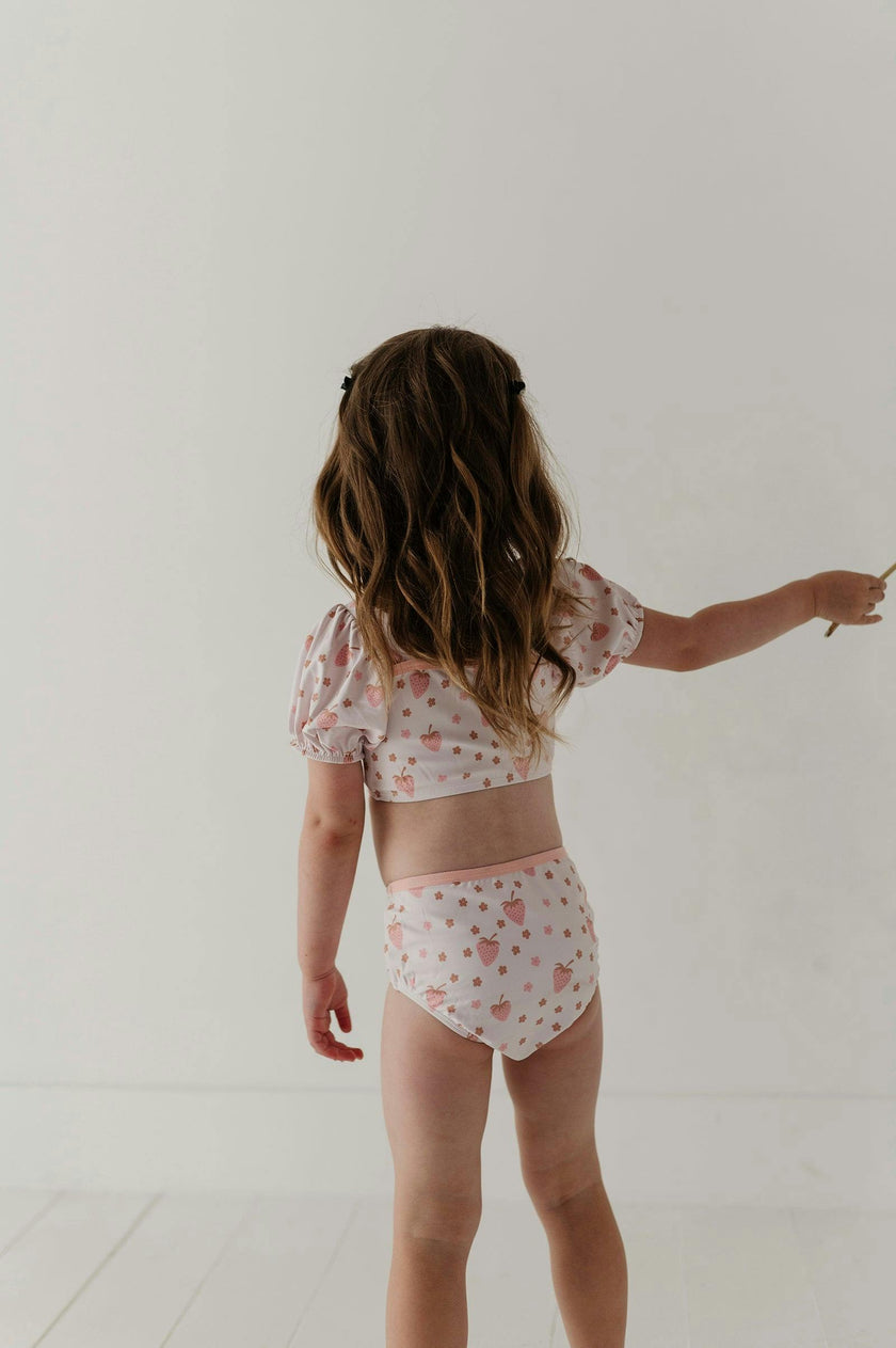 Girls Puff Sleeve Two-Piece Swimsuit in Strawberries