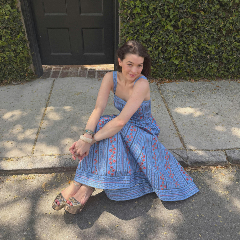 The Ezra Dress - Blue Floral Batik Stripe