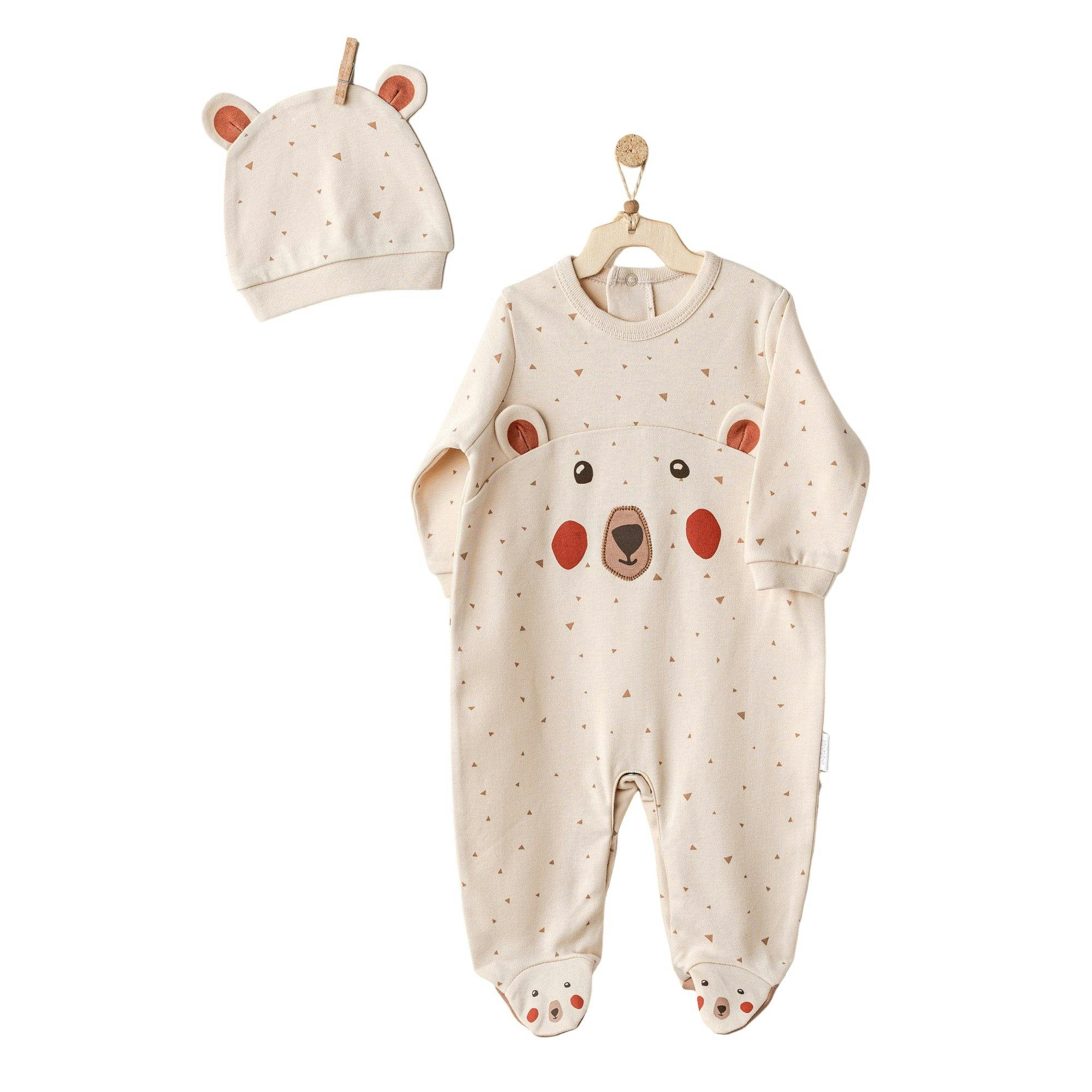 Beige Adventurous Bear Babygrow & Hat