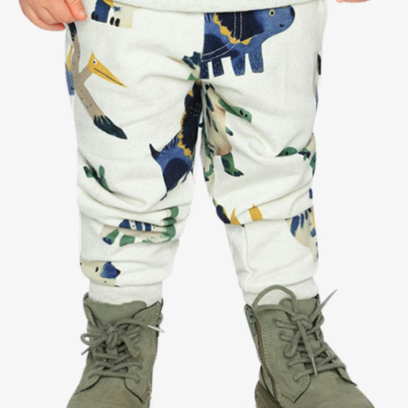 Fleece Sweatpants Beige Dinosaur Print