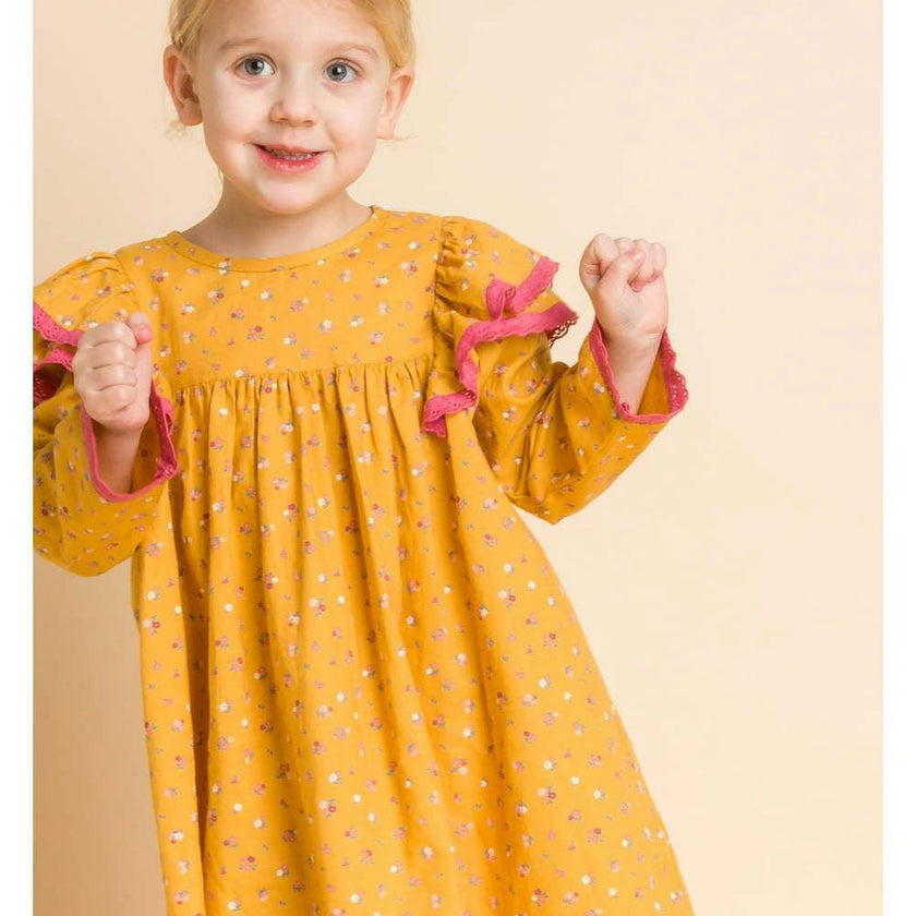 Toddler Long Flutter Sleeves Dress with Lace Trim