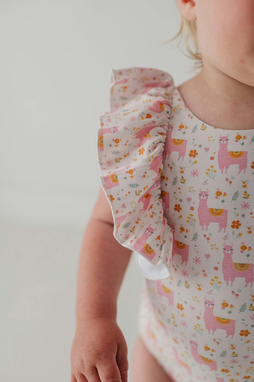 Baby Girl Ruffle Sleeve Cross Back Swimsuit in Llamas