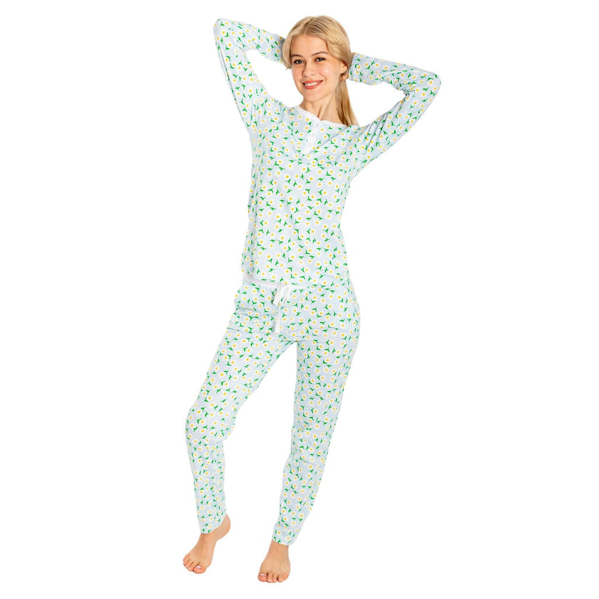 Women's Daisy Jersey Long PJ Set - Blue Organic Stretch Cotton