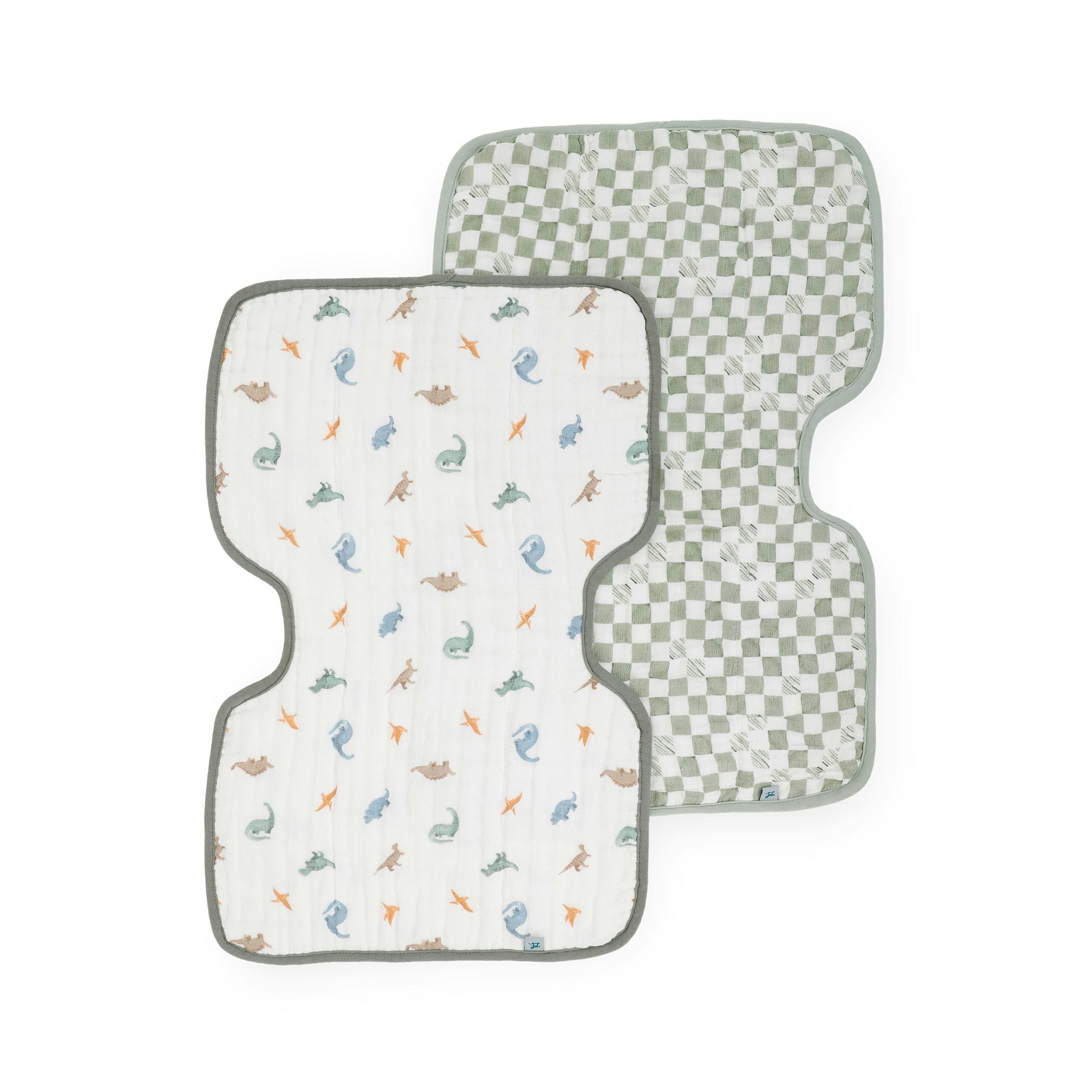 Organic Cotton Muslin Burp Cloth 2 Pack - Little Dino + Green Checker