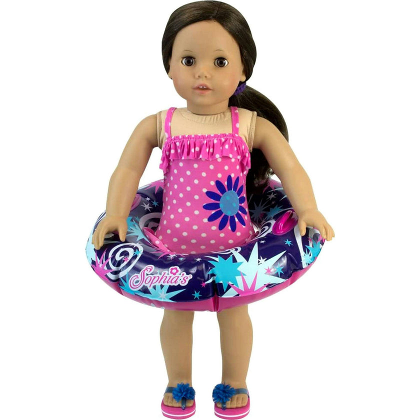 Sophia’s Ruffle Polka Dot One-Piece Bathing Suit and Inflatable Inner Tube 18” Dolls, Hot Pink