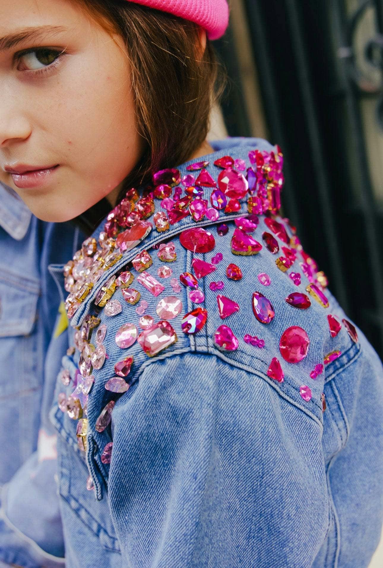Sparkle Queen Rhinestone Gem Denim Crop Jacket