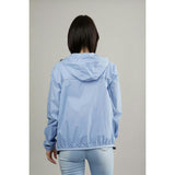 Powder blue full zip packable rain jacket and windbreaker