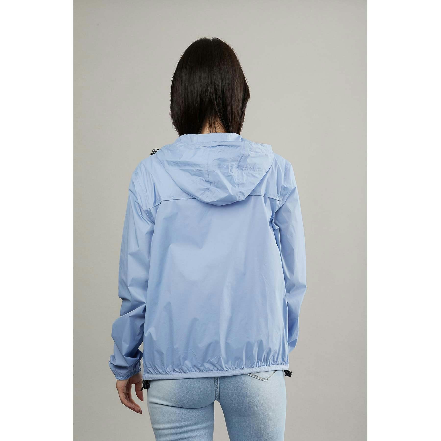 Powder blue full zip packable rain jacket and windbreaker