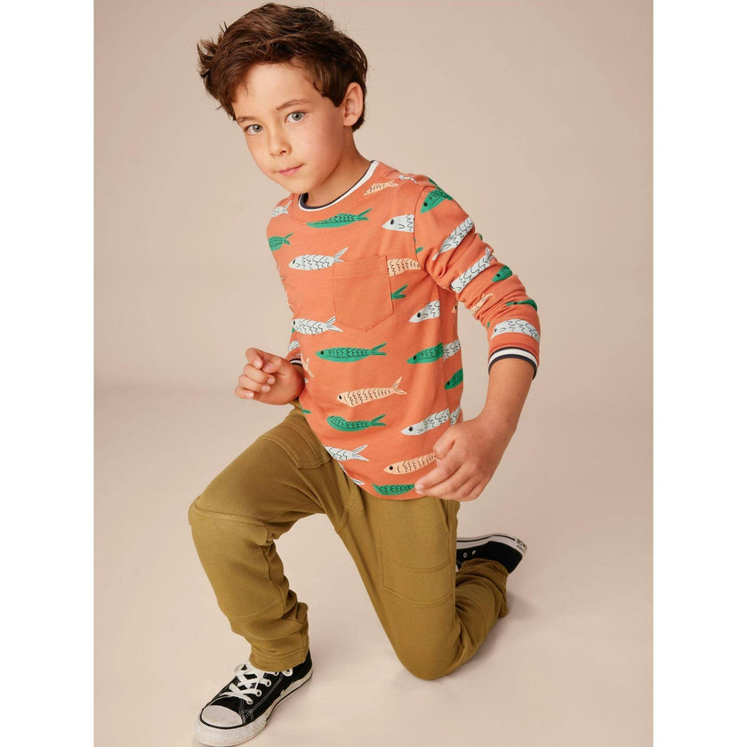 Long Sleeve Printed Pocket Tee, Brown