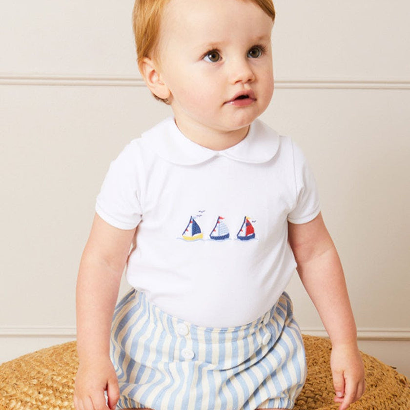 Embroidered Boat Motif Peter Pan Collar Bodysuit in White (1mth-3yrs)