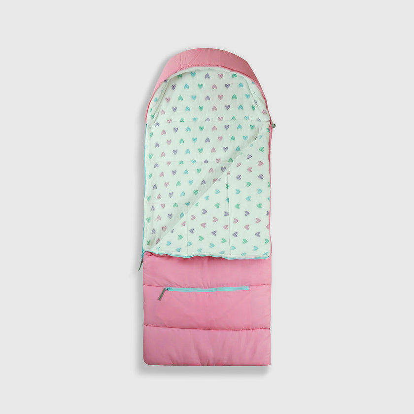Sleep-N-Pack: Packable Sleeping Bag, Little Kid 3-6 yrs - Cosmos Pink/Glow-In-The-Dark Hearts