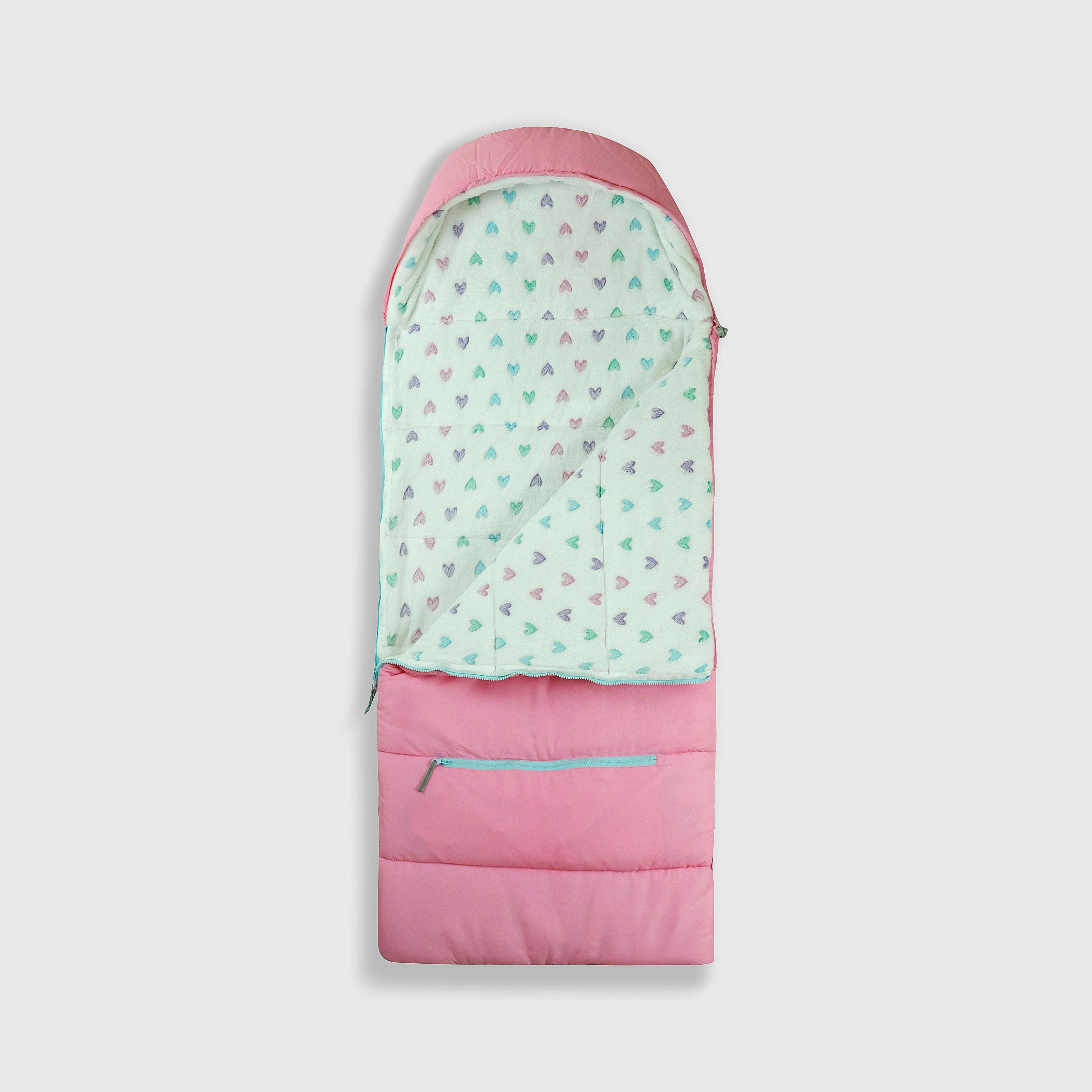 Sleep-N-Pack: Packable Sleeping Bag, Little Kid 3-6 yrs - Cosmos Pink/Glow-In-The-Dark Hearts