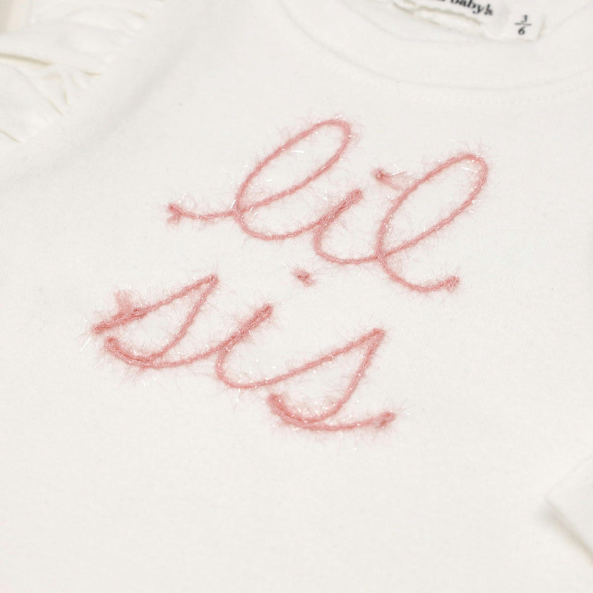 Millie Long Sleeve Tee in 'lil sis' Pink Eyelash Writing