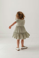 Girls Short Sleeve Double Tiered Dress in Sage