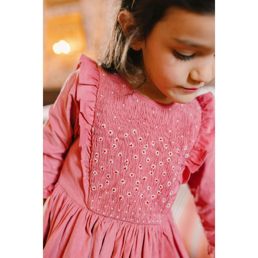 Angele Pink Corduroy Long Sleeve Smocked Dress
