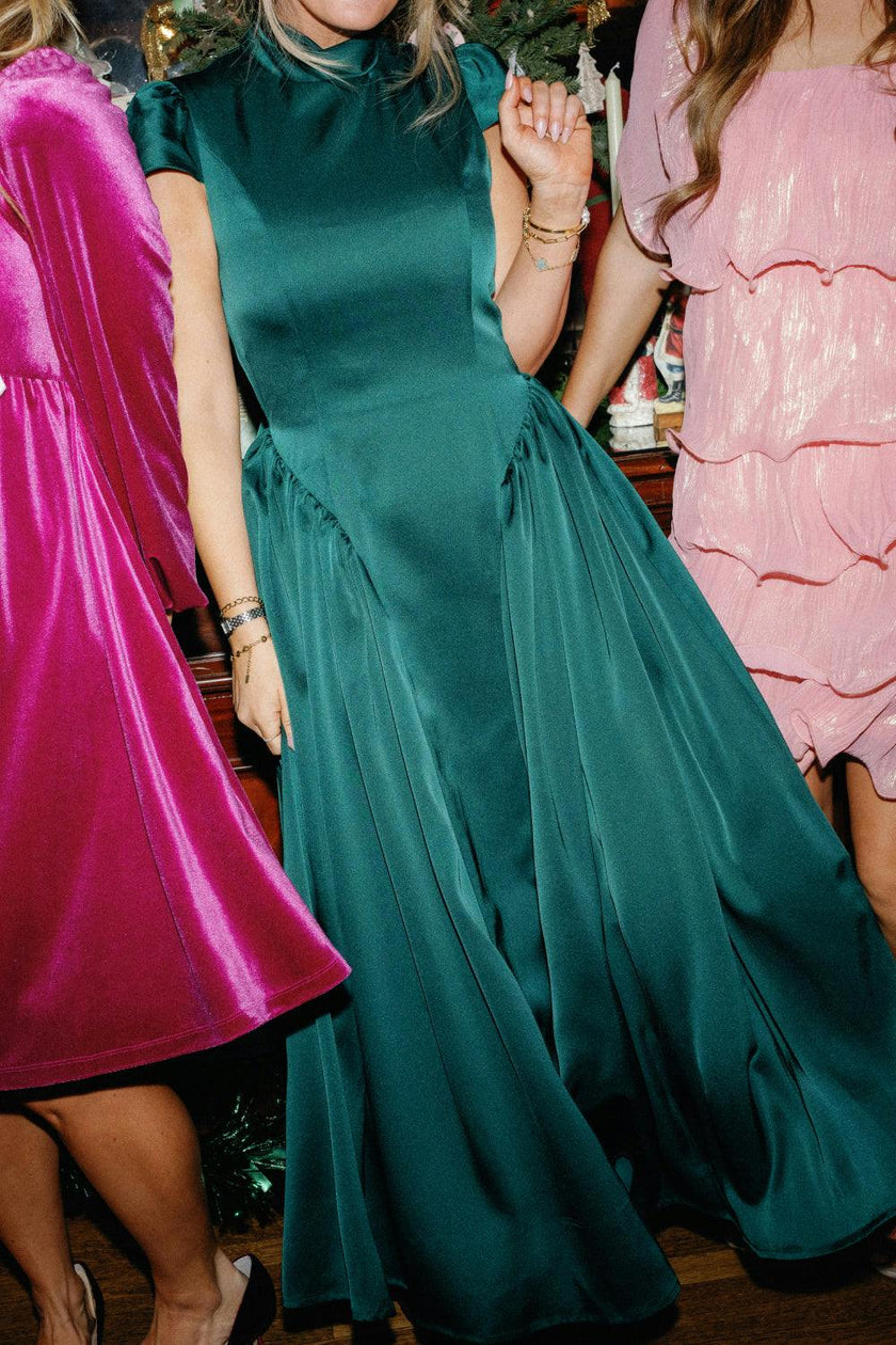 Harriet Bow Dress in Emerald Satin