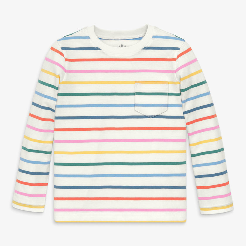Kids long sleeve pocket tee in rainbow stripe