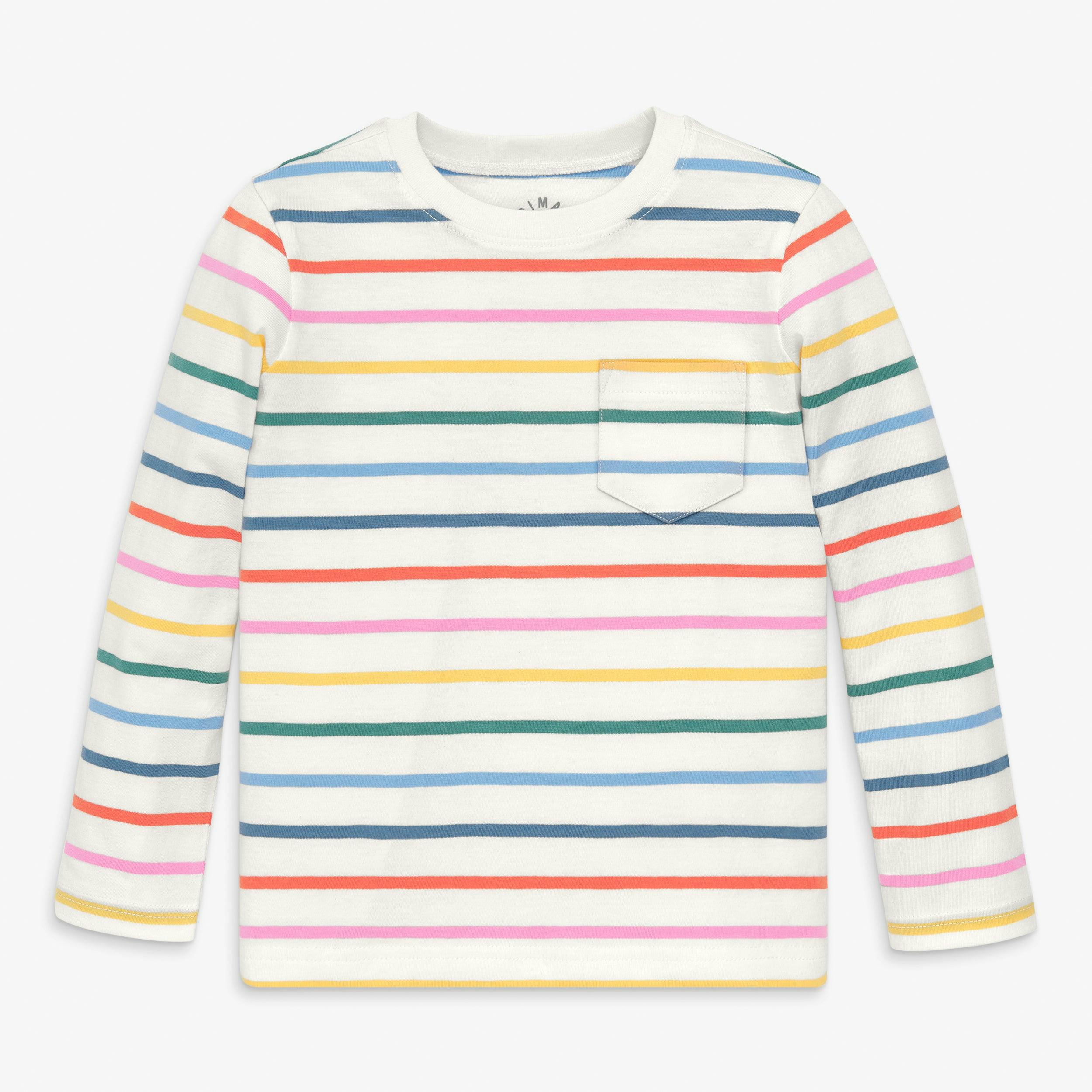 Kids long sleeve pocket tee in rainbow stripe