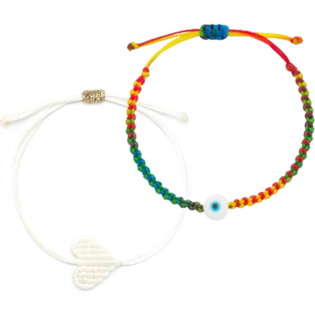 Kids Snowy Heart & Evil Eye Braided Bead Bracelet Bundle