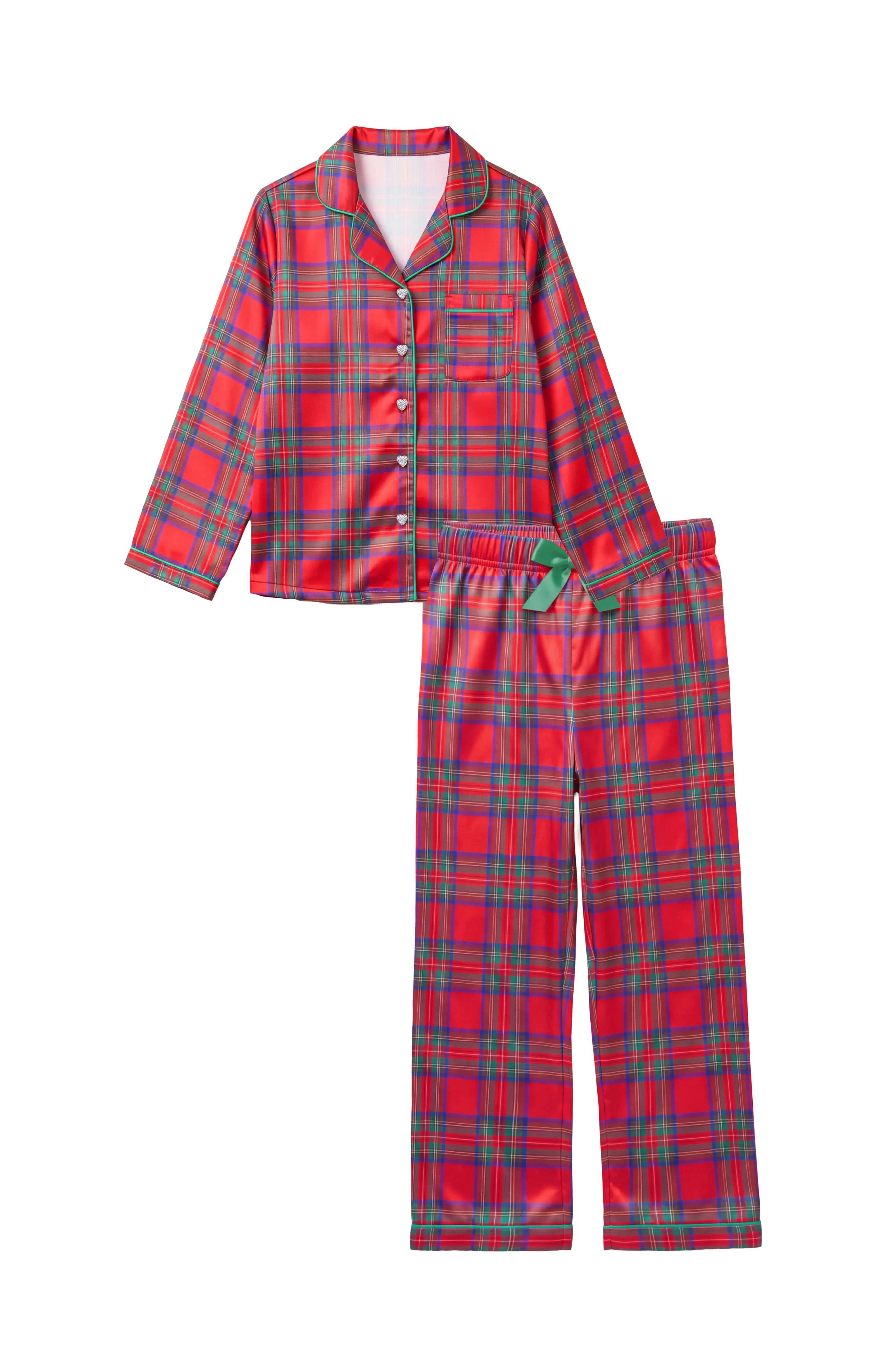 Girls Christmas Plaid Long Sleeve Satin PJ