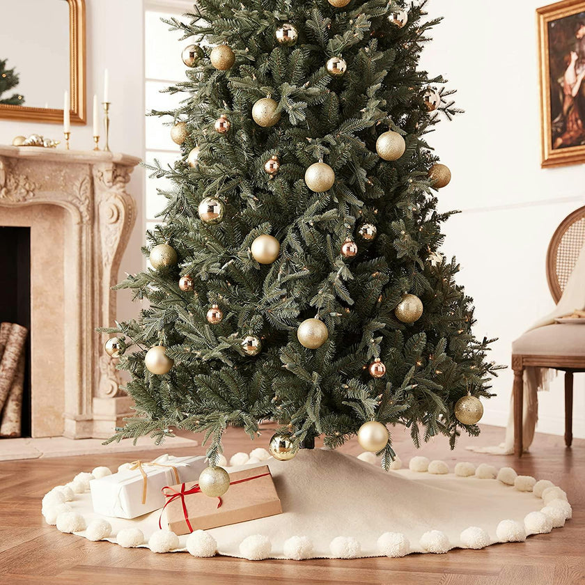 Handmade Felt Cream Pom Poms Christmas Tree Skirt 63"