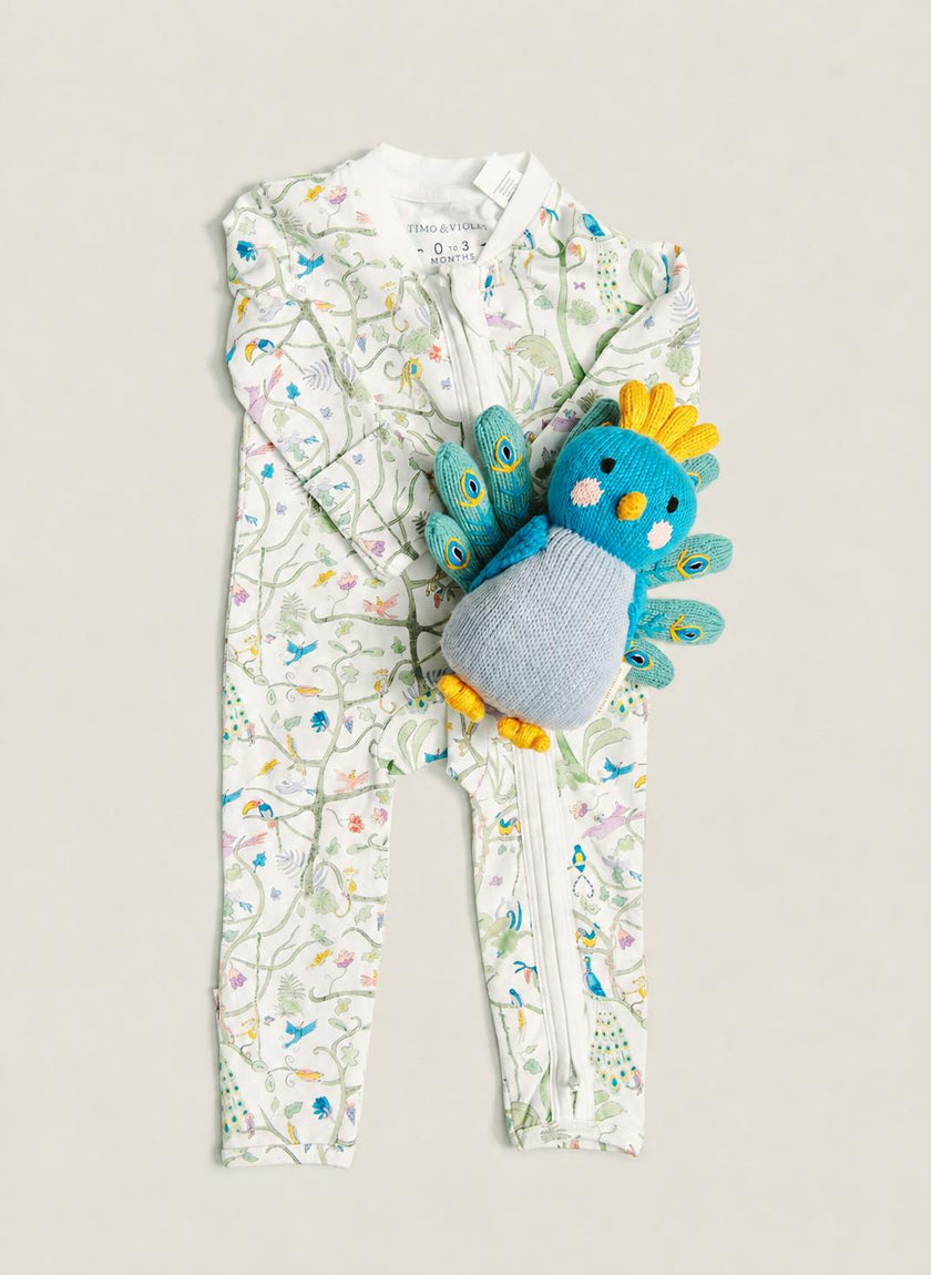 Baby Zippered One-Piece - Tropical Garden and Violet the Peacock - Knit Doll