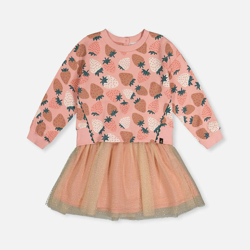 Bi-Material Dress Pink Strawberry Print
