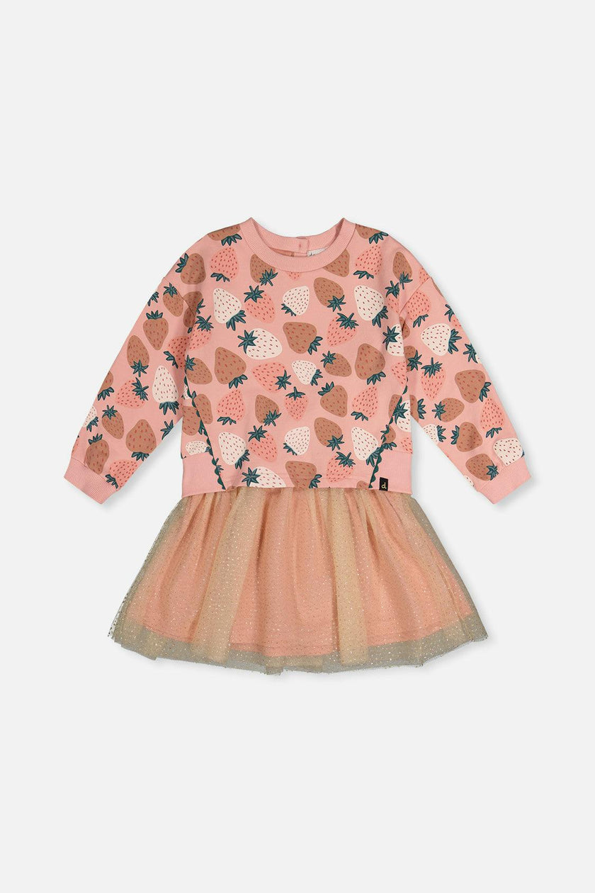 Bi-Material Dress Pink Strawberry Print