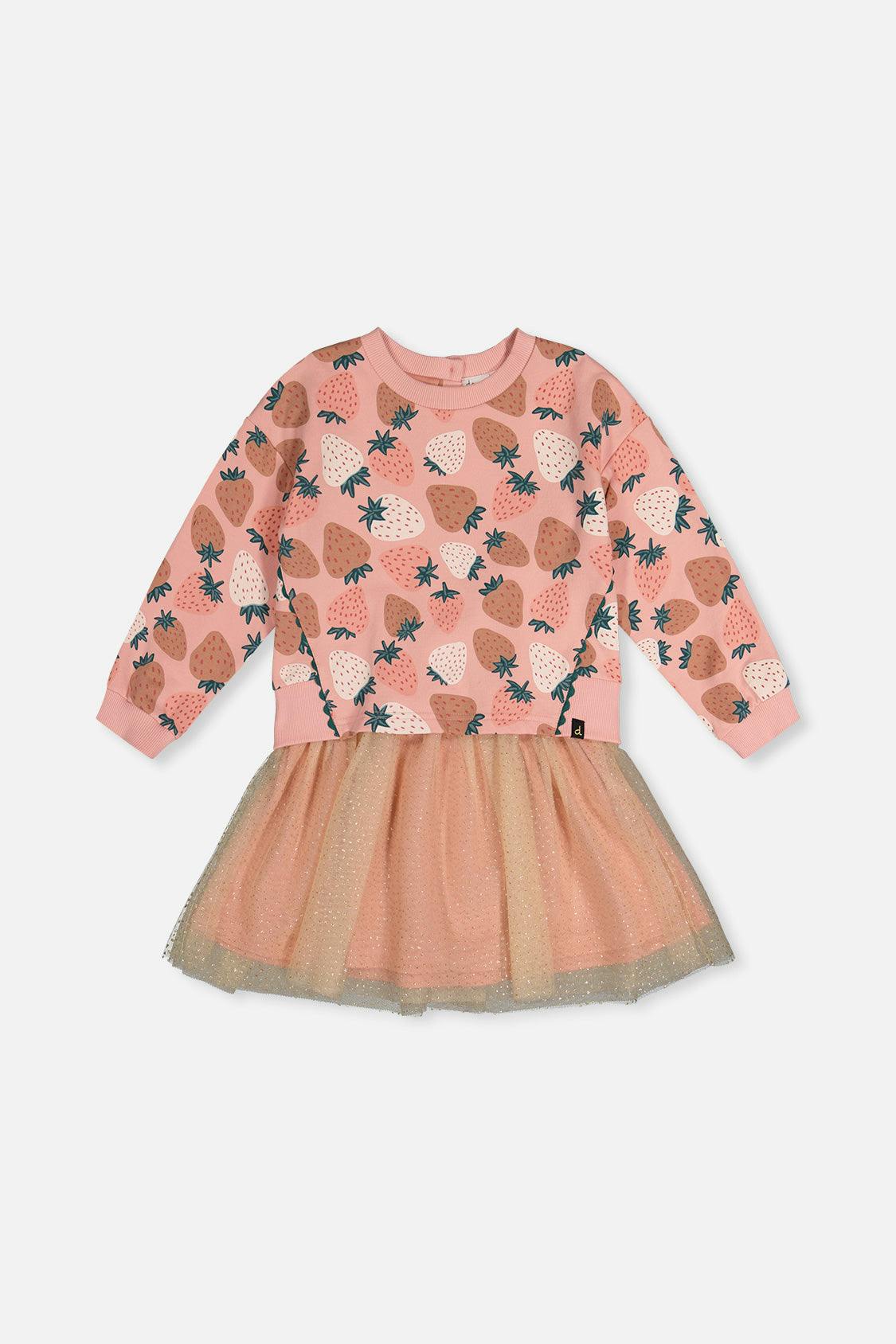 Bi-Material Dress Pink Strawberry Print