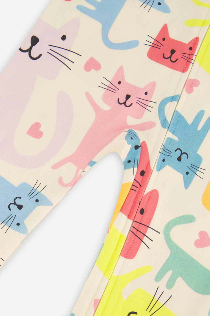 Organic Cotton One Piece Pajama White Cat Print
