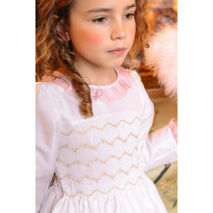 Sofia White Taffeta Long Sleeve Smocked Dress