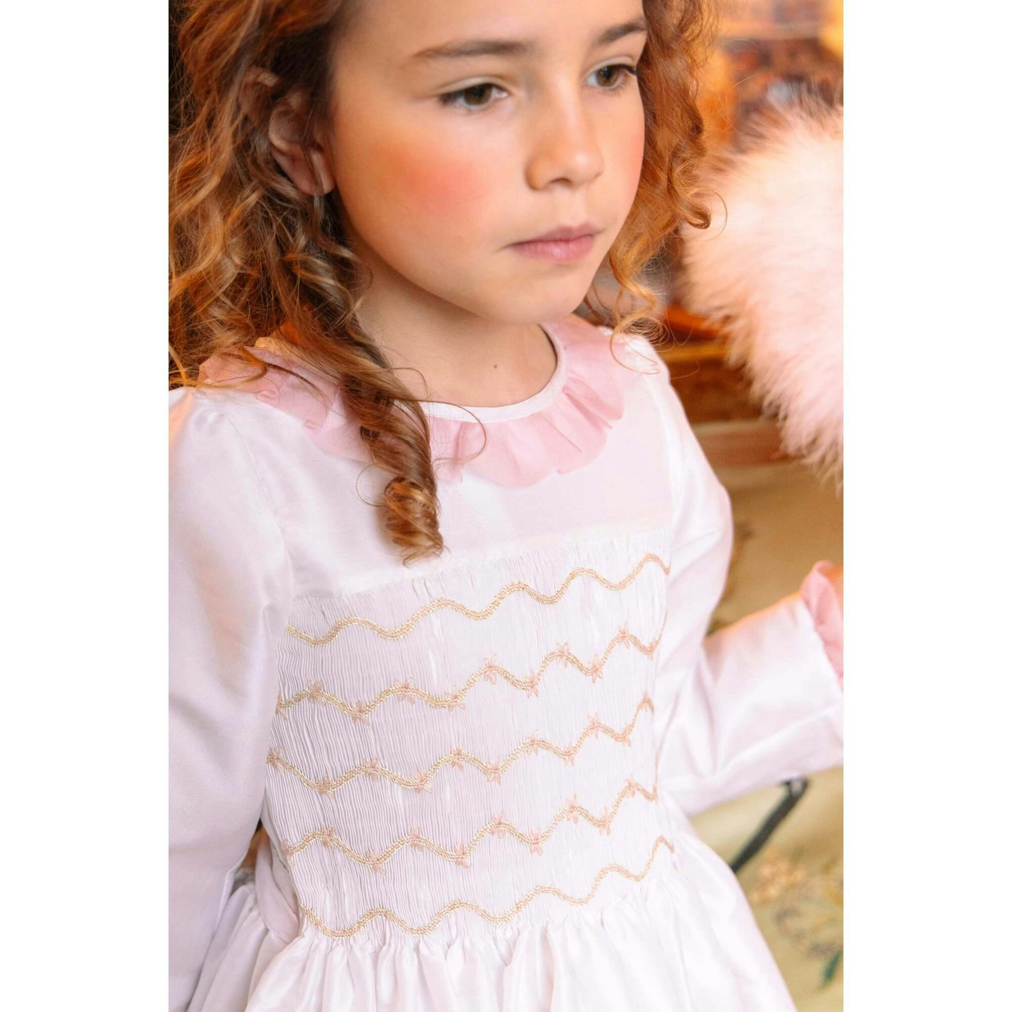 Sofia White Taffeta Long Sleeve Smocked Dress