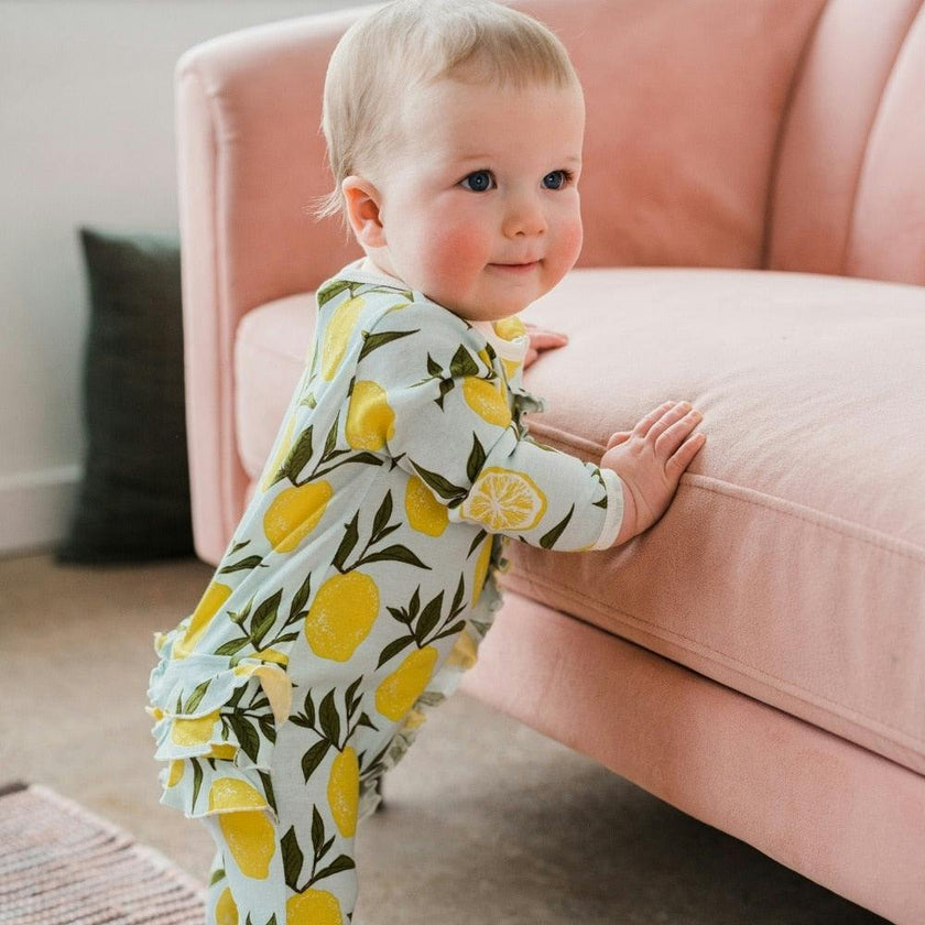 Lemon Organic Cotton Ruffle Zipper Footed Romper