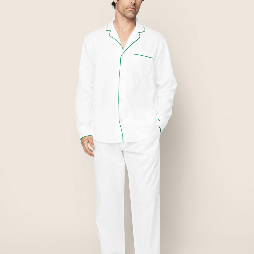 Men's Twill Pajama Set in White with Green Piping