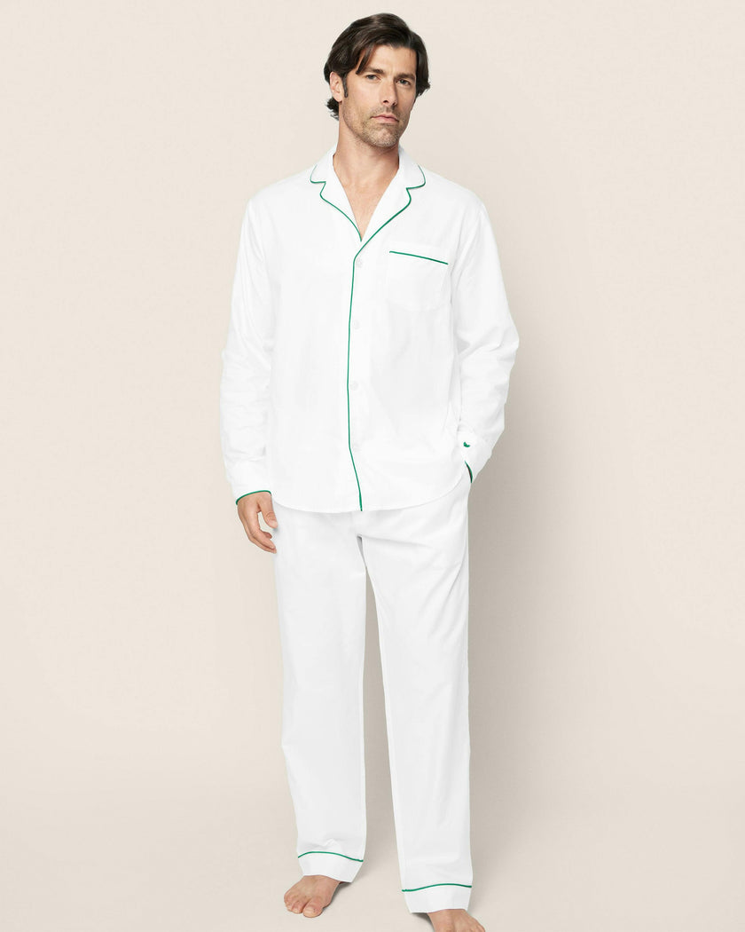Men's Twill Pajama Set in White with Green Piping