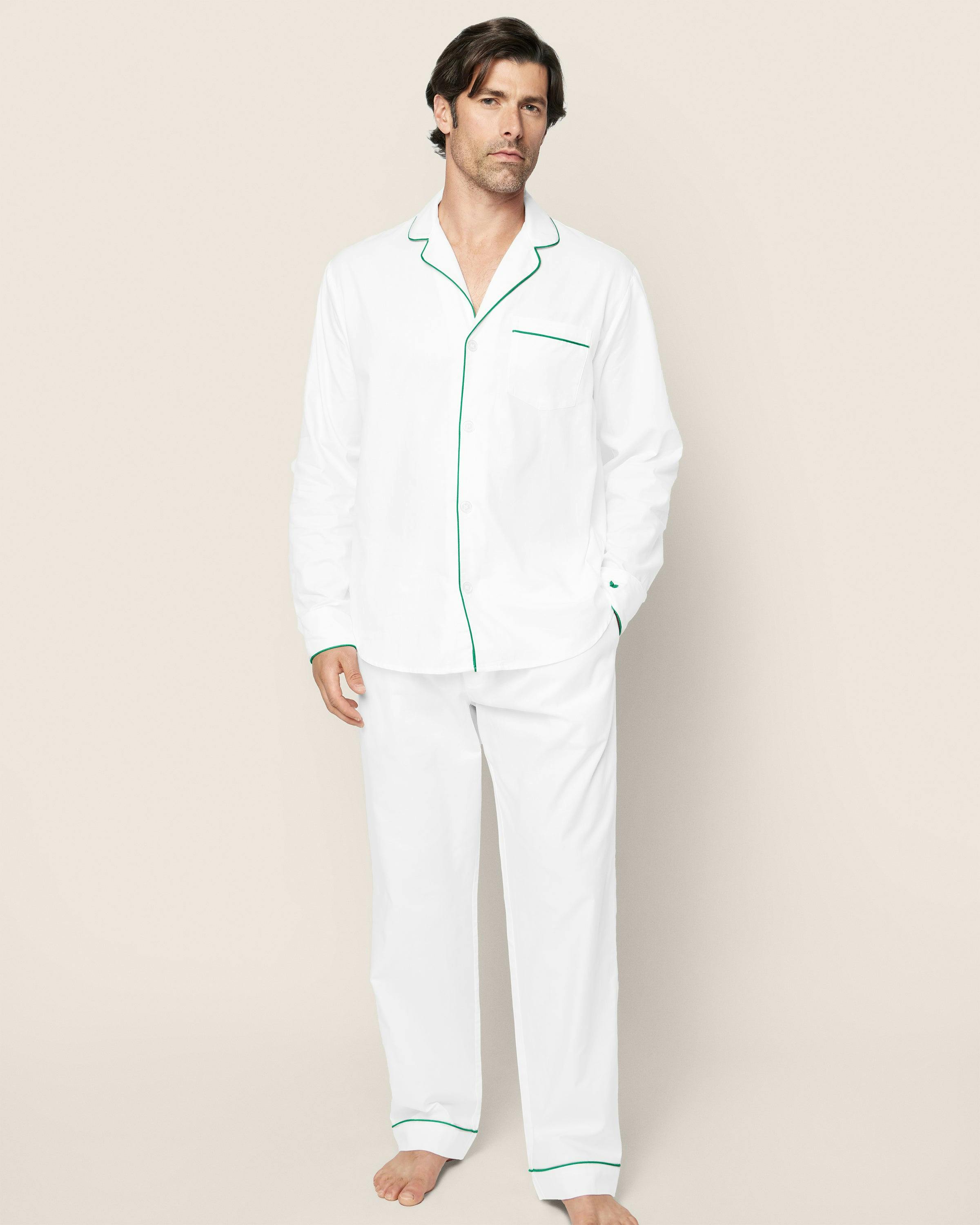 Men's Twill Pajama Set in White with Green Piping