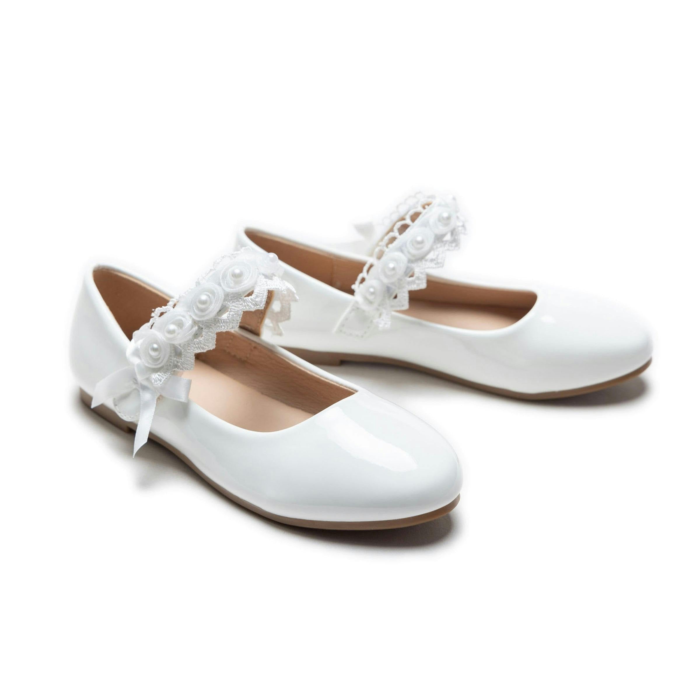 White Patent Rose Pearl Doily Flats