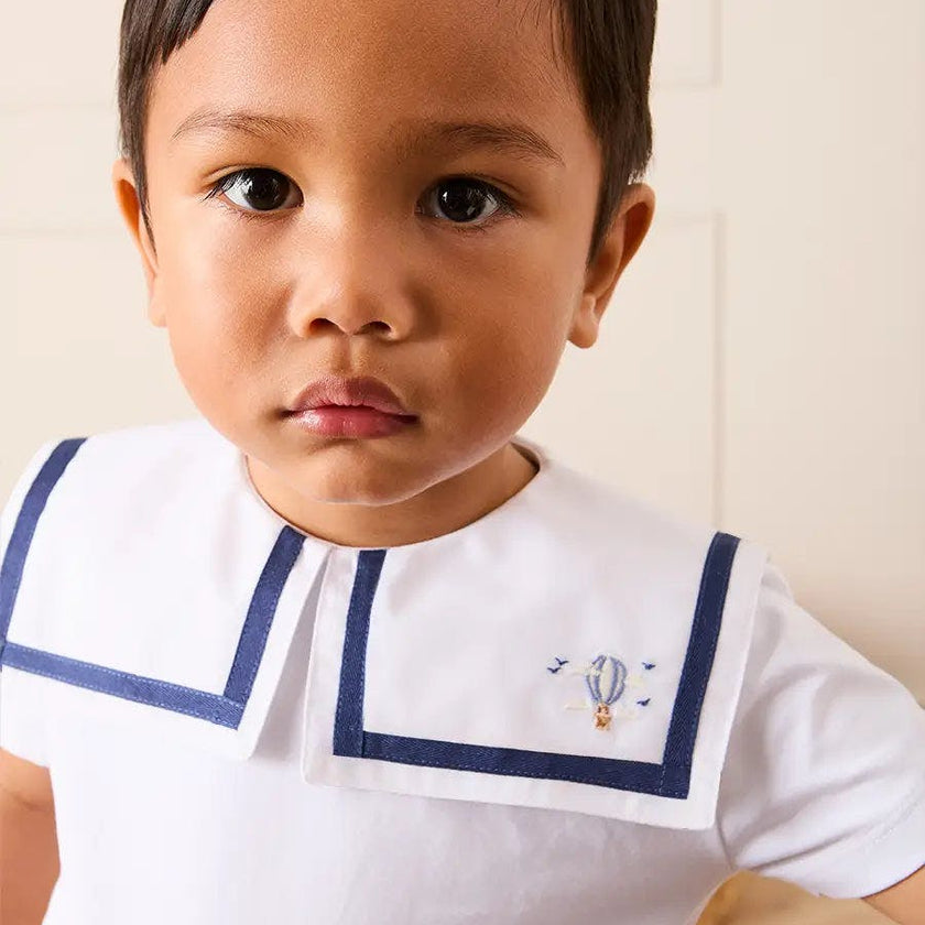 Mariner Collar Hot Air Balloon Embroidered Top in White (6mths-4yrs)
