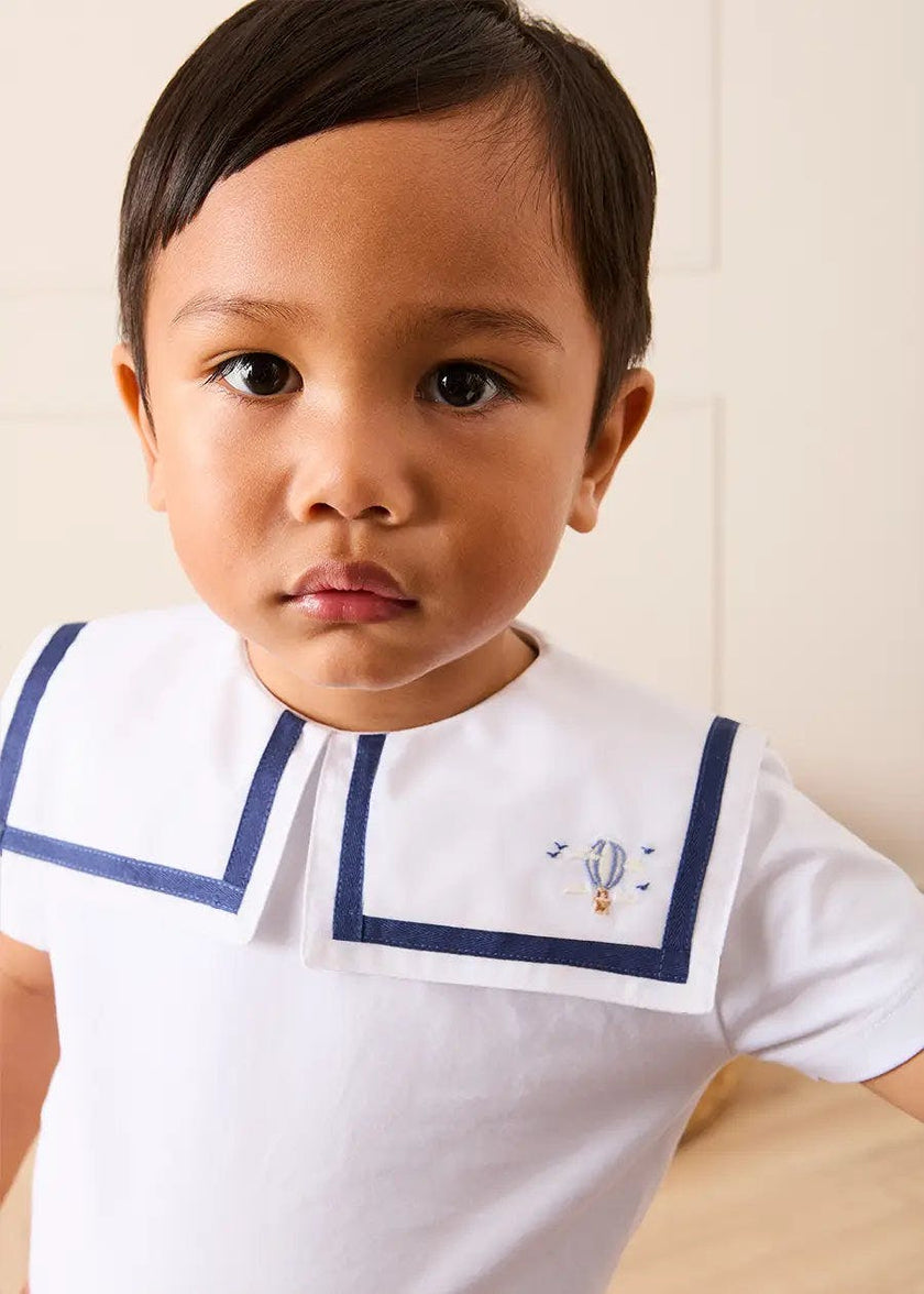 Mariner Collar Hot Air Balloon Embroidered Top in White (6mths-4yrs)