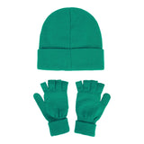 Packed Party Decked in Emerald Rhinestone Beanie and Mittens Set - Double-Layer Rib Knit with Multicolor Rhinestones and Fingerless Gloves, One Size Fits All
