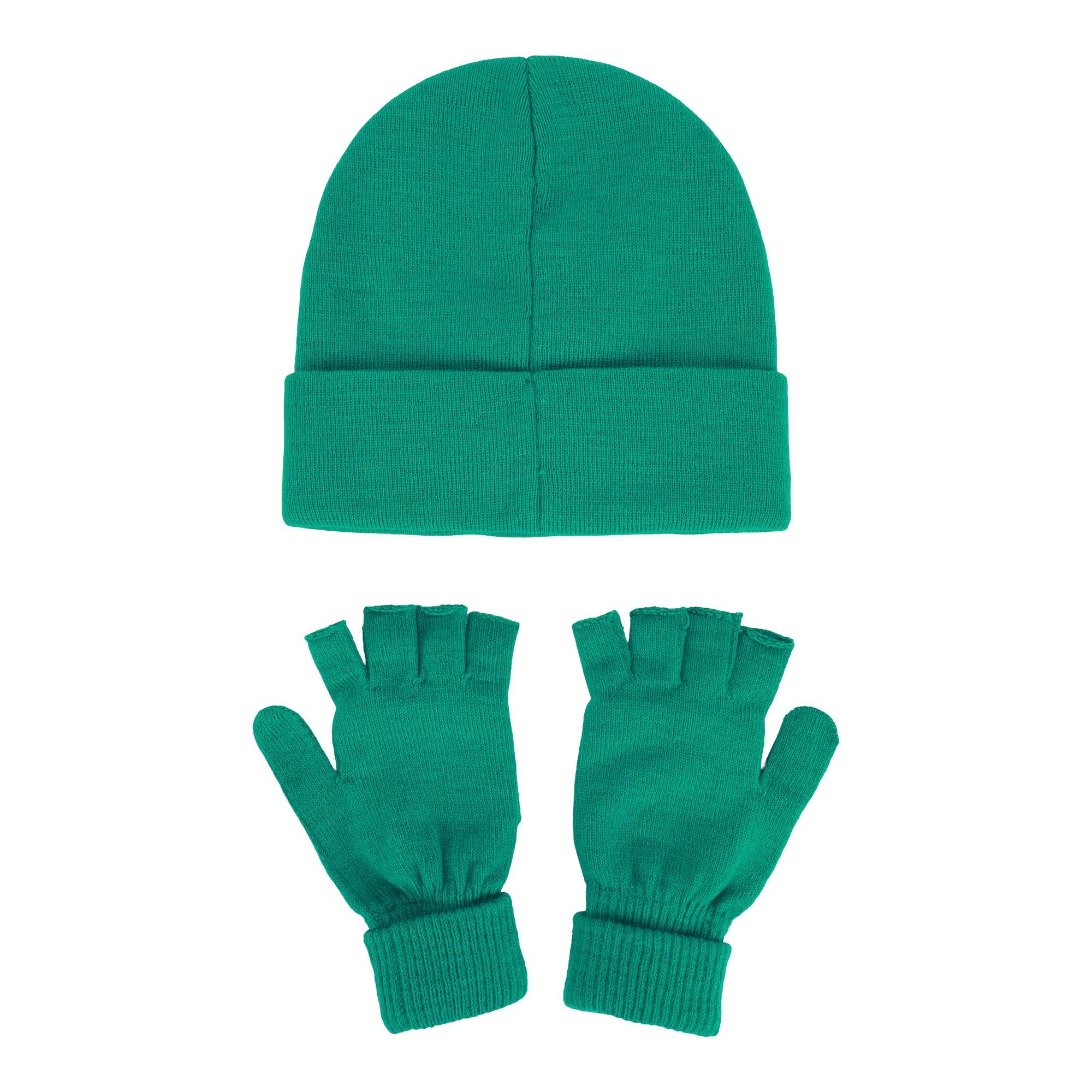 Packed Party Decked in Emerald Rhinestone Beanie and Mittens Set - Double-Layer Rib Knit with Multicolor Rhinestones and Fingerless Gloves, One Size Fits All