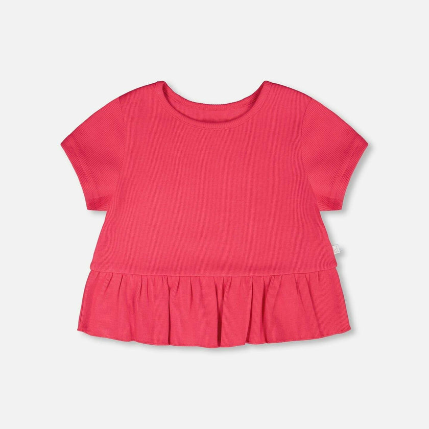 Rib Crop T-Shirt With Frill Pink